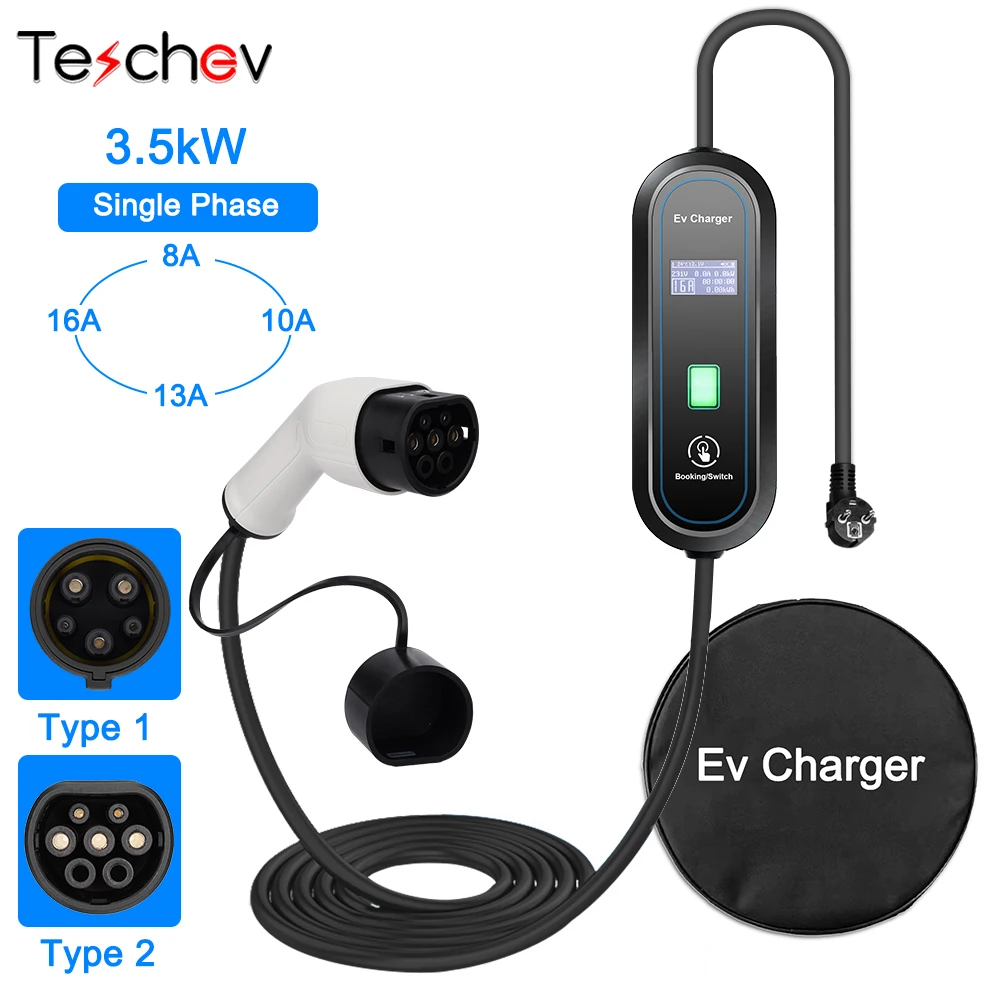 

Teschev 3.5KW 16A EV Portable Charger Type2 EVSE Charging Box Electric Car Charger J1772 Type 1 Electric Vehicle Charger