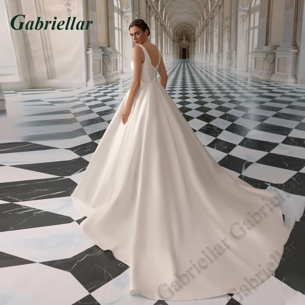 Gabriellar Pearls A-line Wedding Dresses Spaghetti Straps Bride Gown Backless Bride Dresses Classic Satin Vestidos Consumized