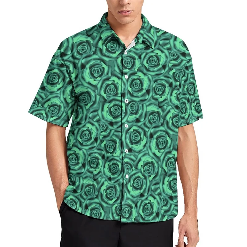 thumbnail image 1 of Camisas casuales con estampado completo de rosas en 3D y flores para hombre, camisas y blusas hawaianas de manga corta con botones para playa, ropa de calle de verano, 1 of 5
