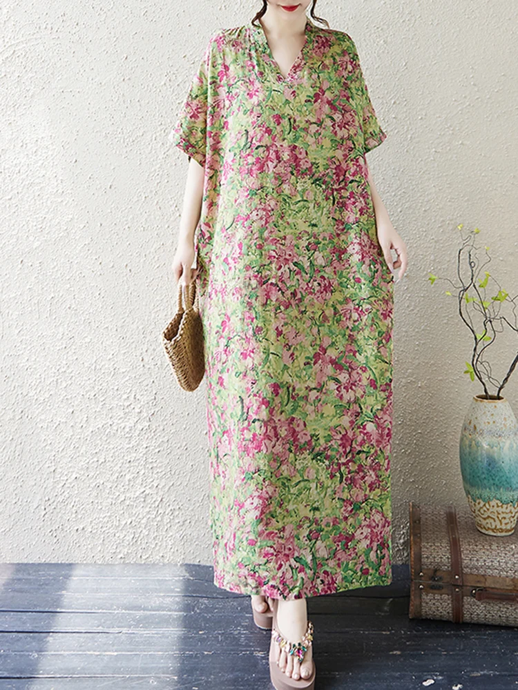 Summer Cotton Vintage Casual Loose V-neck Print Dresses For Women Short Sleeve Dress Femme Vestidos Elegant Long Clothing