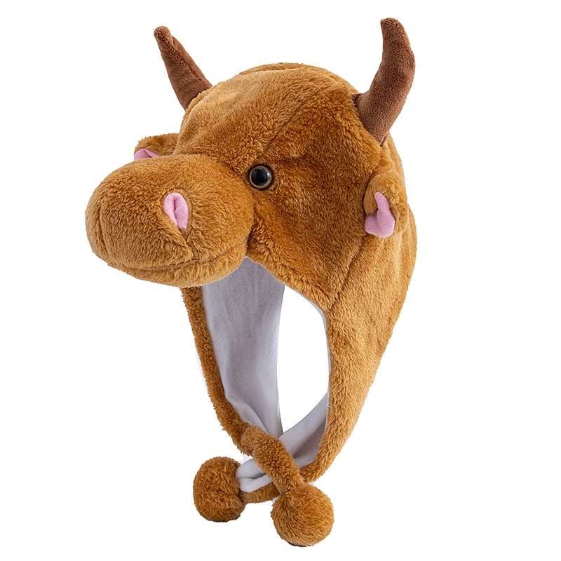 Hot Sale Unisex Funny Bulls Head 3D Animal Style Decorative Hat Winter Cap For Men Women Plush Fur Lovely Family Hat
