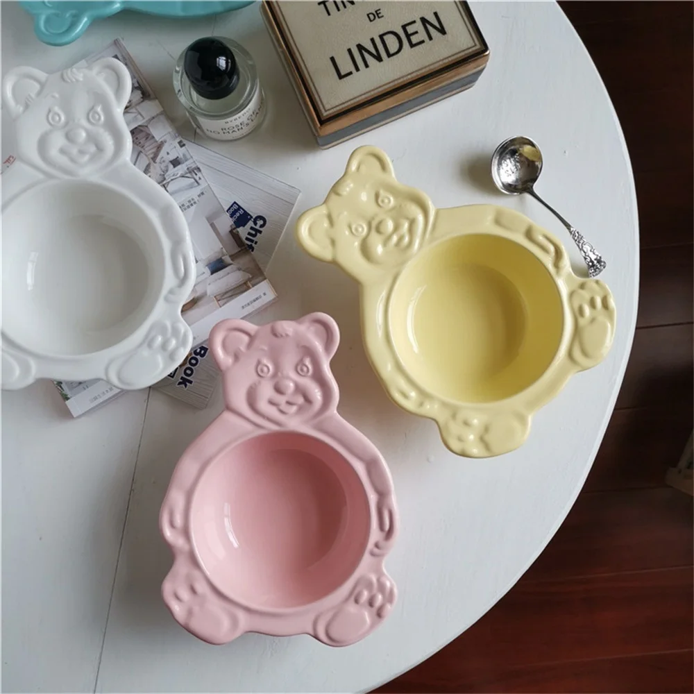 Fruit Plate Ceramic Dessert Plates Cartoon Bear Dessert Plate Bowls Cute Ceramic Dinner Dishes Korean Ins Bear Dessert Flat Soup Bowl Breakfast Salad Fruit Tray