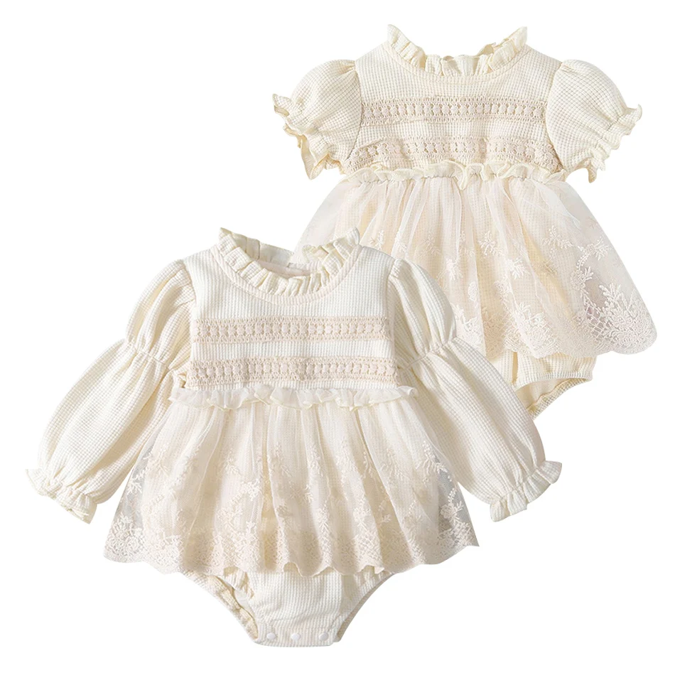 

Girl's Beige Long Sleeved Round Neck Baby Crawling Suit Children's Clothing Spring and Autumn Baby's Daily Versatility Clothing