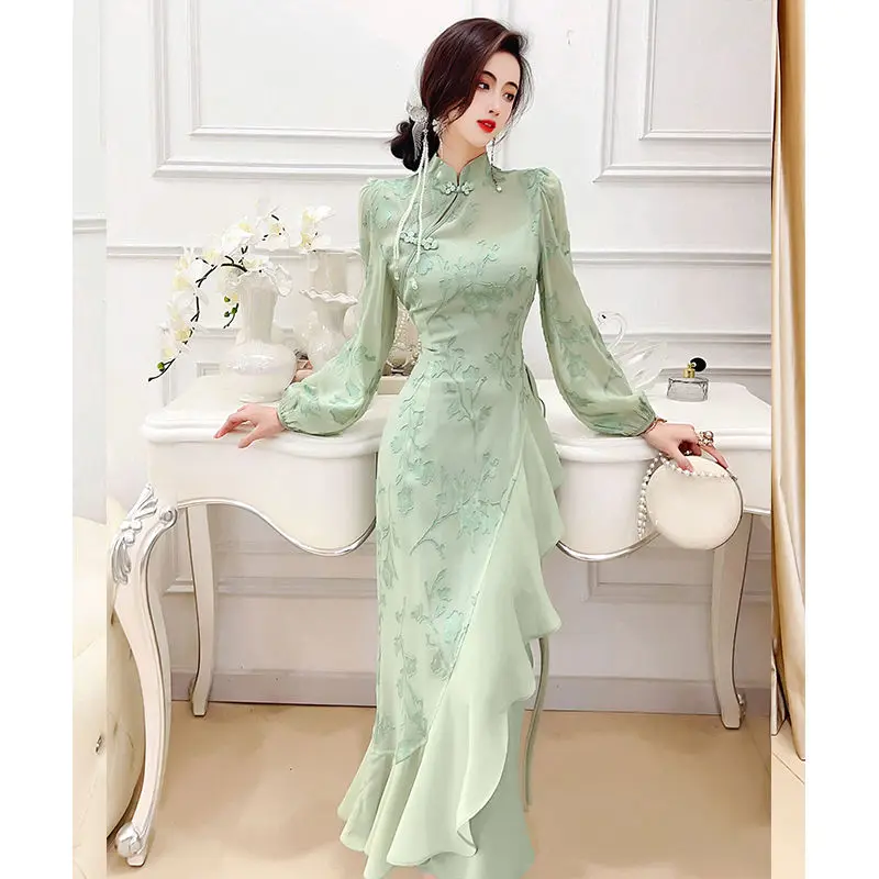 

2024 new chinese style women elegant cheongsam dress daily qipao vintage hanfu dress green chiffon women daily qipao dress