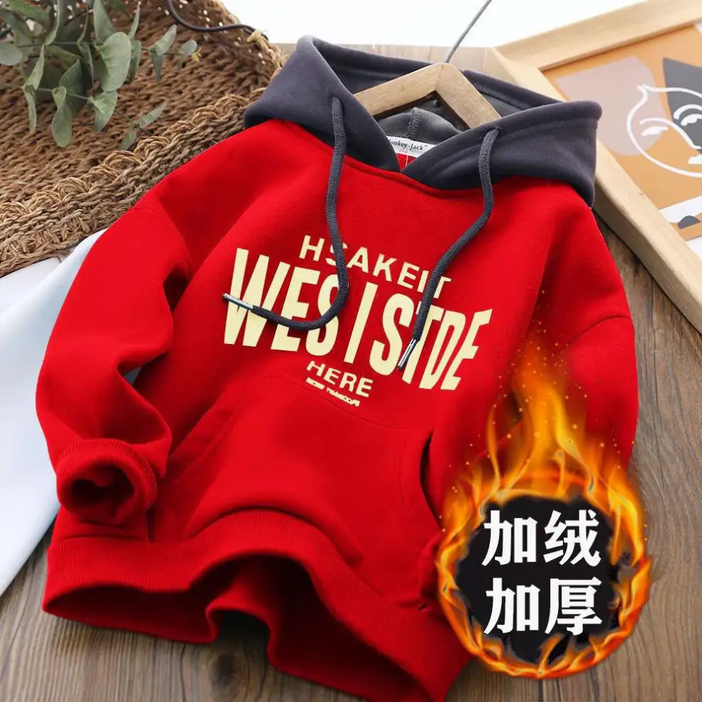 Kids Hoodie Sweatshirts Autumn Winter Boys Hoodies Solid Color Letter Print Lining Plush Thick Warm Casual Pullover For 4-14Y Kids Handsome Sweatshirt