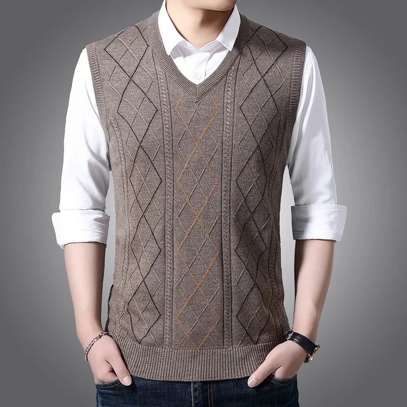 2023 Autumn and Winter Men's Sweater Vest Business Casual V-neck Warm Knit Pullover Sleeveless Sweater Tank Top Sweaters for Men