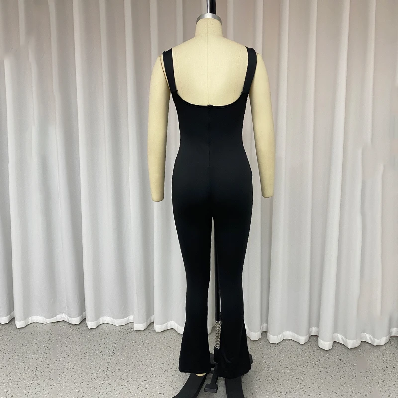 LIYONG Women's Jumpsuit Summer Sexy Sleeveless Cutout Backless Nipped Waist Zipper Solid Flare Pants Bodycon Romper Streetwear