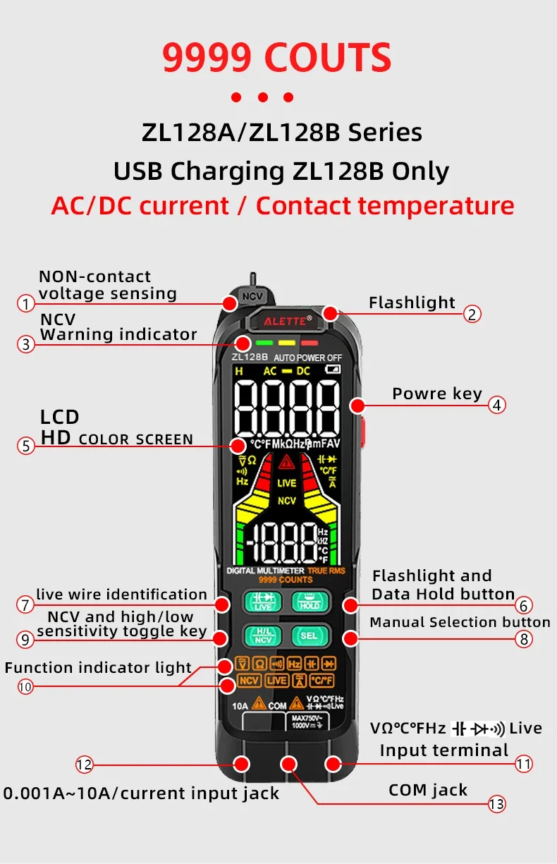 USB Charge Multimetro Digital Profesional AC DC Current Voltage Detector Pen Tru