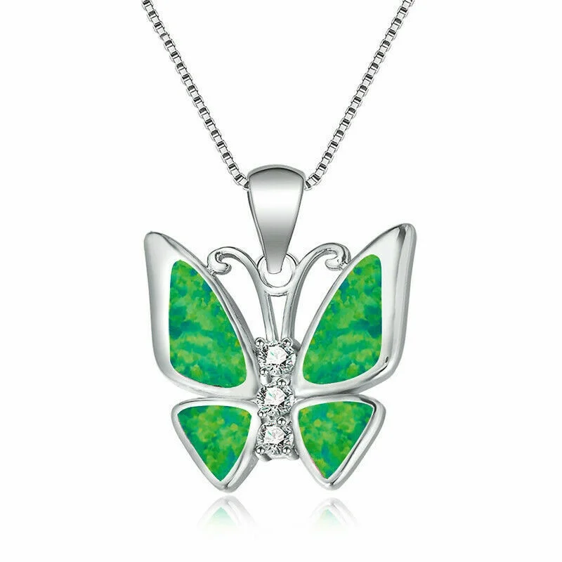White Simulated Opal Butterfly Silver Pendant Necklace - Image 5