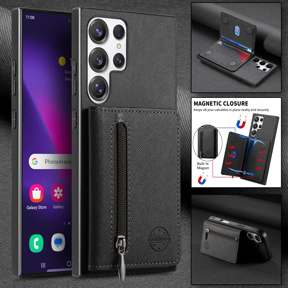 Zippered Leather Wallet Phone Case with Card Holder and Stand