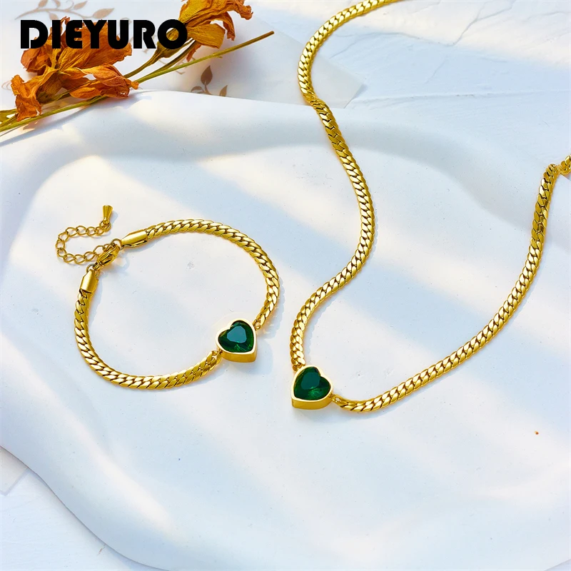 DIEYURO 316L Acero inoxidable en forma de corazón verde blanco cristal colgante collar pulsera para mujer conjunto de joyería de moda regalo de fiesta