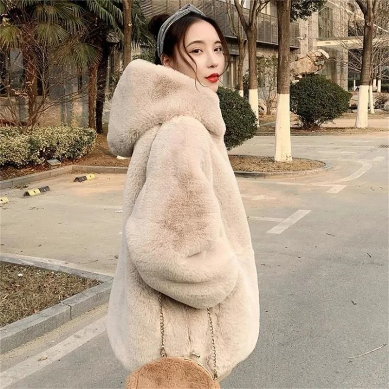 

2023 Fashion Winter Imitation Mink Loose Sweater Women Thick Fur Zipper Coat Mid-length Hooded Waterproof Mink Solid Long Coat