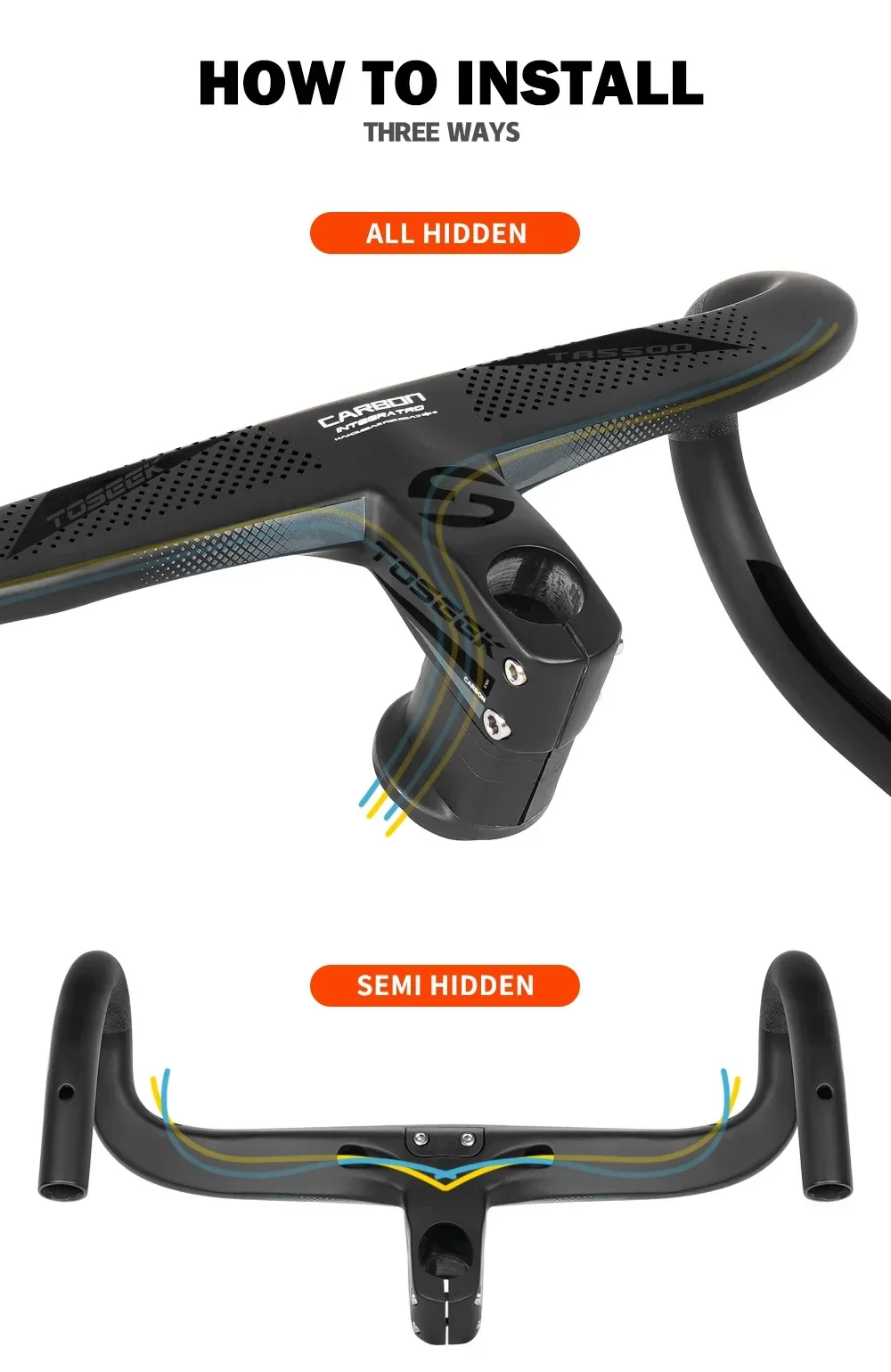TOSEEK TR5500 T800 Carbon Fahrradlenker Rennrad Integrierter Lenker mit Fahrradcomputerhalterung Vollständig interne Kabelführung – Detail 11