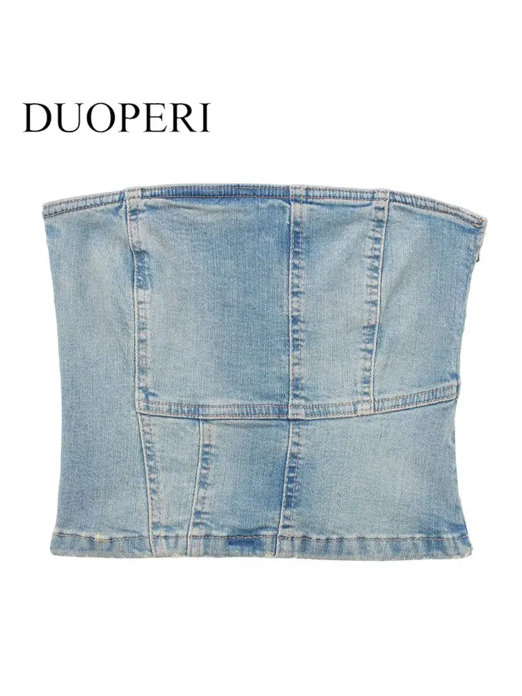 

DUOPERI Women Fashion Denim Blue Bustier Side Zipper Corset Top Vintage Strapless Slash Neck Female Chic Lady Tops