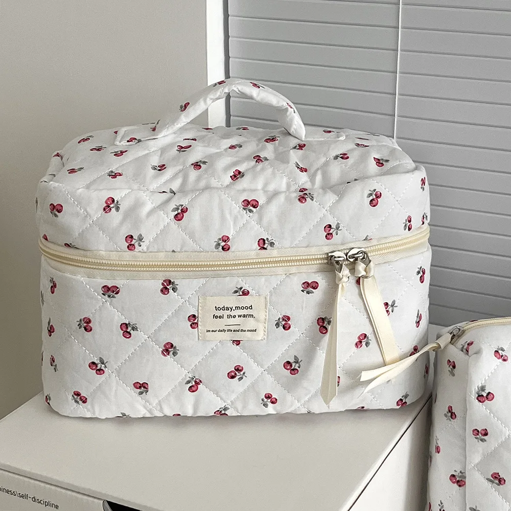 Fashion Cherry Tote Women Makeup Bag Portable Cute Ladies Cosmetic Toiletry Storage Pouch Handbag Cotton Quilted Zipper Bag 6