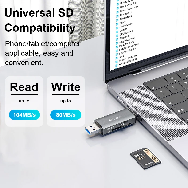 RSHTECH 카드 판독기 5Gbps 데이터 전송 USB C 및 USB3.0-SD MicroSD TF 메모리 카드 판독기 노트북 액세서리 용 SD 카드 어댑터