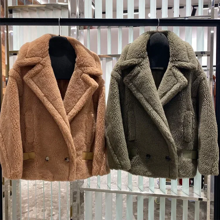 

Winter 80% Camel Hair Mid-length Designer 12% Mulberry Silk Women's Brand Pattern Warm Luxury Coat High Quality Teddy Plush Coat