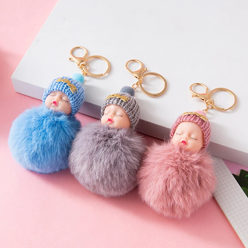 

1PC Sleeping Baby Keychain Cute Fluffy Plush Doll Keychains Women Girl Bags Keyrings Cars Key Ring Gift Charming Decoration