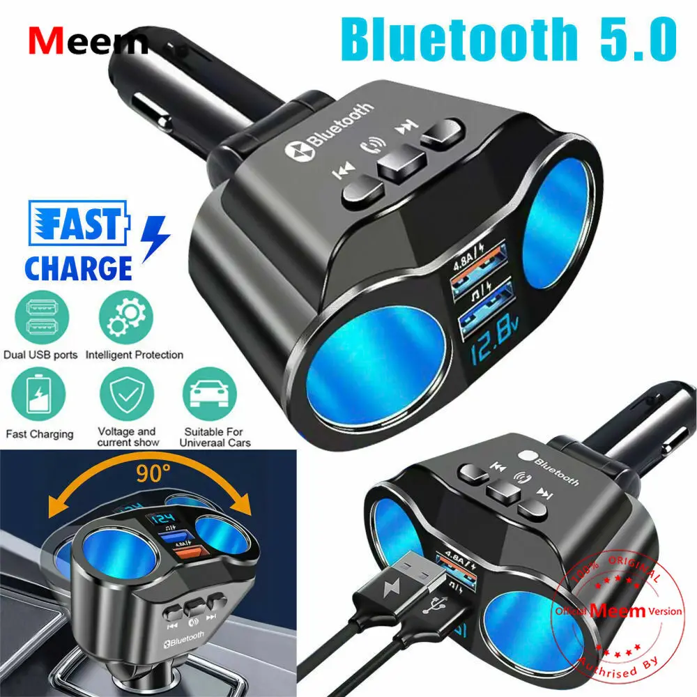 

USB Car Fast Charger Dual Cigarette Lighter Splitter Power Adapter Bluetooth FM