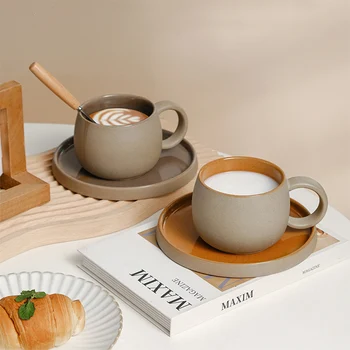 Pottery Mug For Latte Cappuccino Milk Juice Cocoa Cups With Dish 300ml