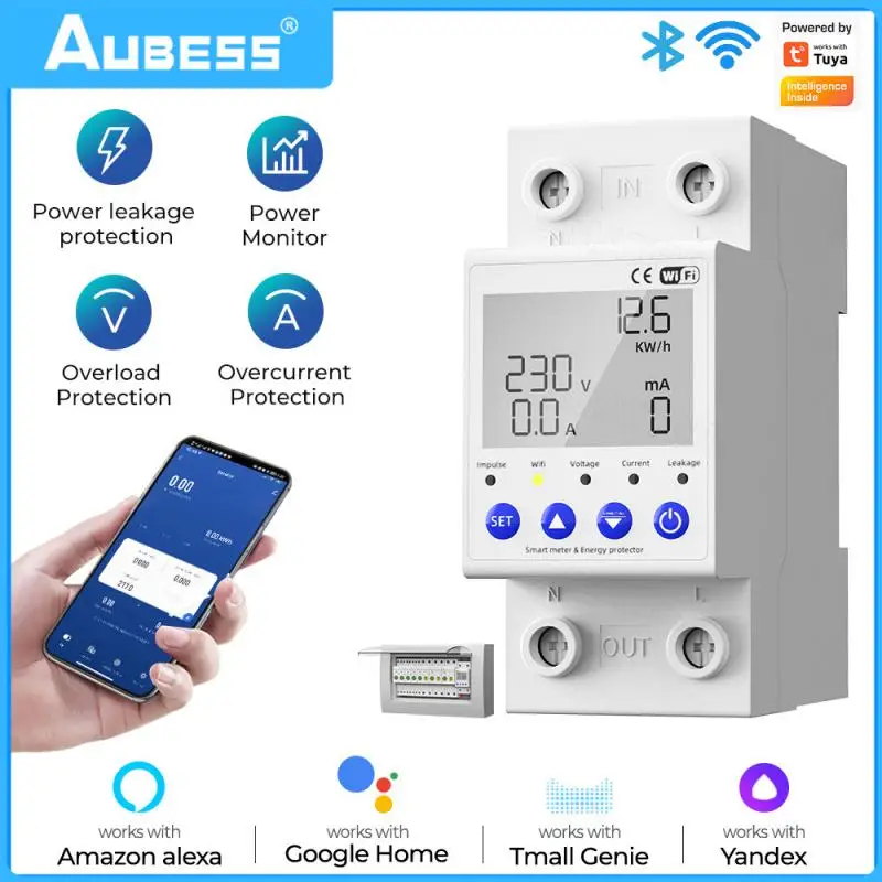 Disjuntor Tuya Wifi Medidor de Energia Temporizador de Medição com Tensão Proteção contra Vazamento Atual Controle de Voz do Aplicativo 63a 110v 220v
