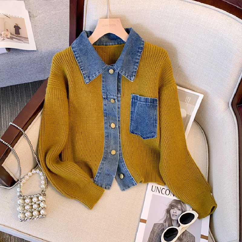 

Autumn Winter Korean Fashion Sweater Jacket Women Vintage Denim Patchwork Knitted Cardigan Outerwear Single-Breasted Short Coat