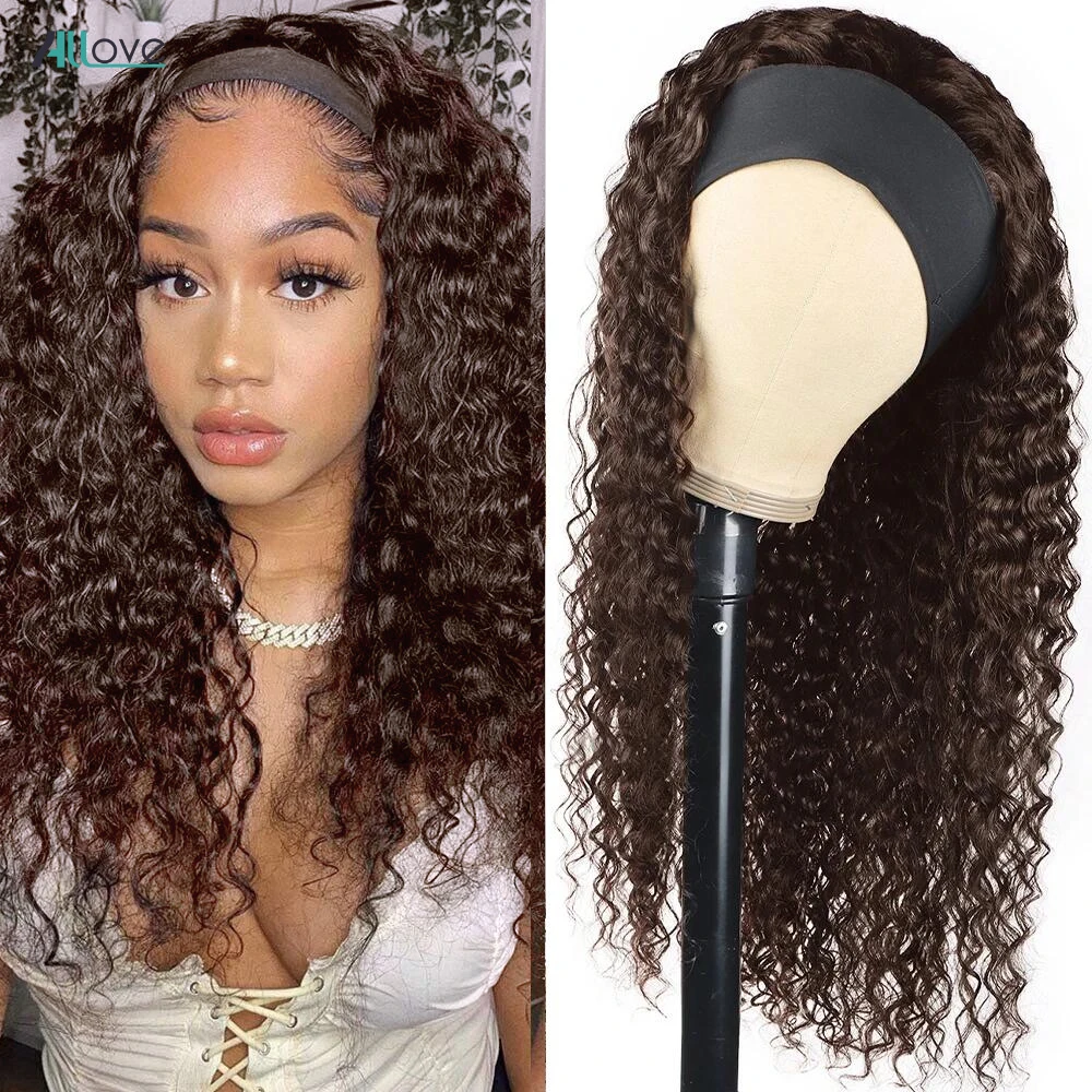 Allove #4 Brown Headband Wig Full Machine Made Wigs Deep Wave Brazilian Remy Human Hair Scarf Wig For Women Deep Curly human hair wigs