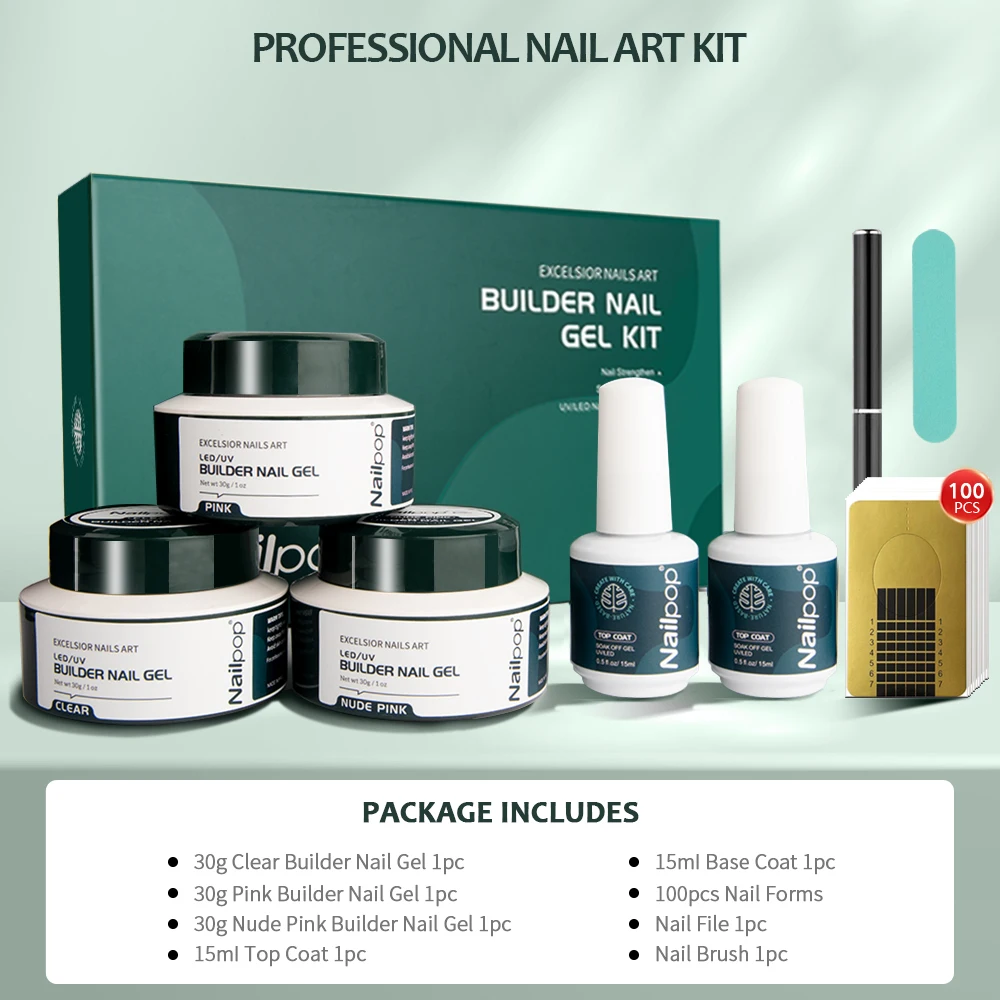 Nailpop Gel Builder Kit Pink Nude Clear 3 Colors 1 Set Professional Nail Art DIY Manicure Builder Gel Kit  Strong Nails - 5