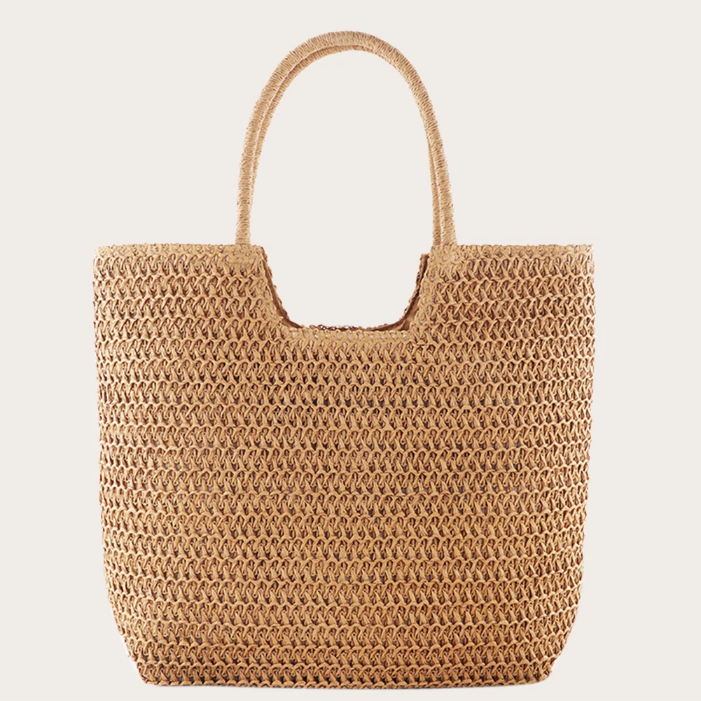 Women Straw Tote Handbag Large Capacity Vintage Shoulder Bag Solid Color Weaving Travel Handbag Ladies Summer Daily Bag