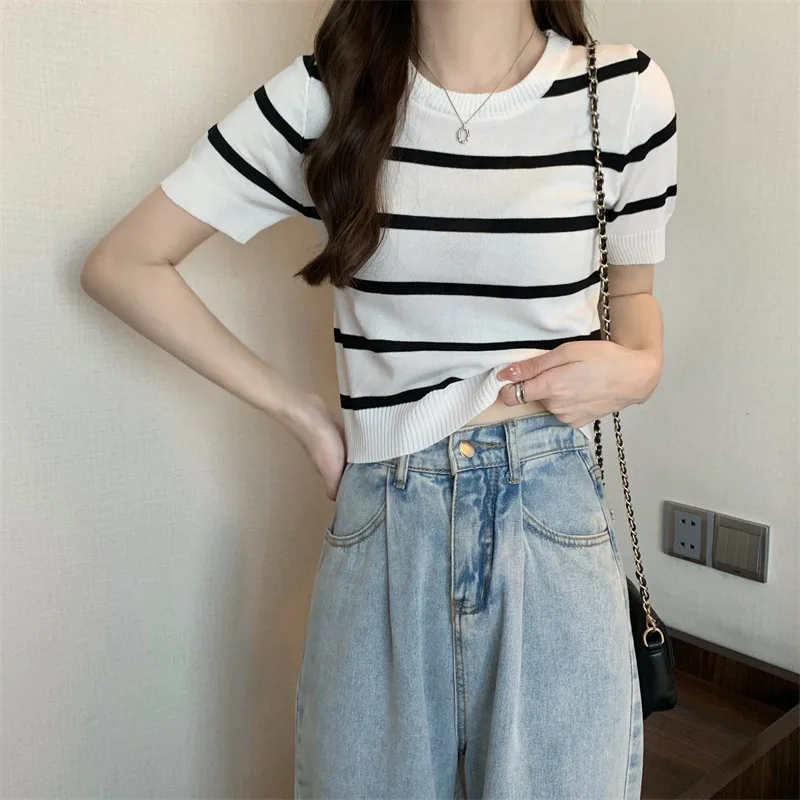 Striped Knitted Short SleeveTWomen's Summer T-shirt2023New Design Sense Niche Slim-Fit Slimming Shoulder Short Tops 2