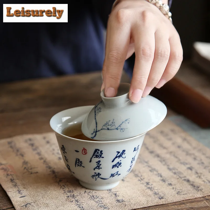 150ml Hand-painted Calligraphy Gaiwan Zen Grass Wood Gray Plum Tea Lid Set Tea Tureen Tea Maker Cover Bowl Tea Items Ornaments