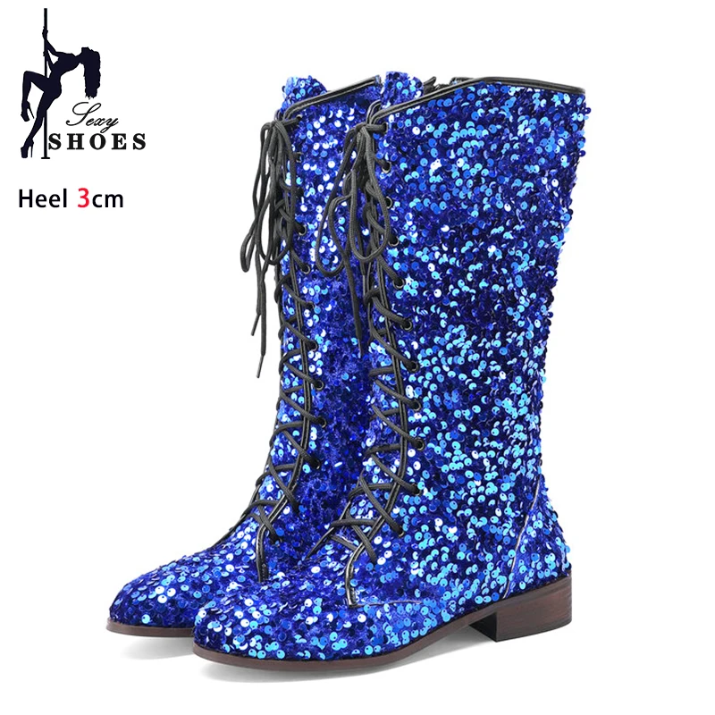 Shiny Sequin Mid-Calf Boots For Women's 3CM Low Heels Exotic Club Dance Shoes 2024 Autumn New Lace-up Ladies Boots Party Shoes