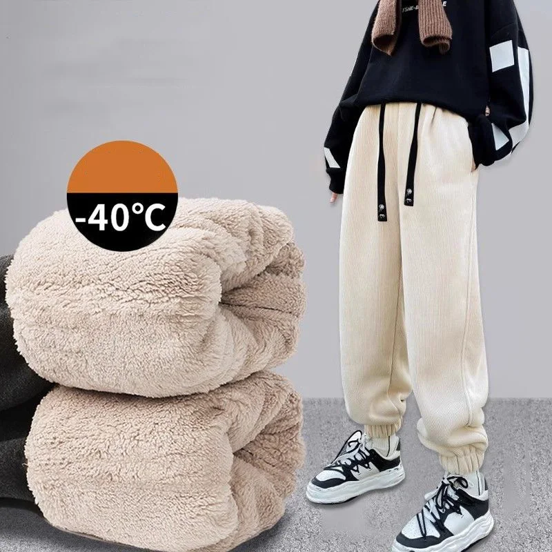-40&deg; Boys Girls Lambswool Pants Children Winter Thick Warm Trousers Kids Padded Casual Sweatpants Teens Plush Velvet Clothing girls pants boys pants girls trousers kids pants