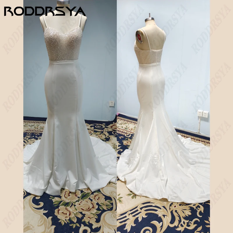 Beaded Pearl Sheath Mermaid Wedding Dresses Spaghetti Straps Sweatheart Satin Bridal Gowns wedding dresses