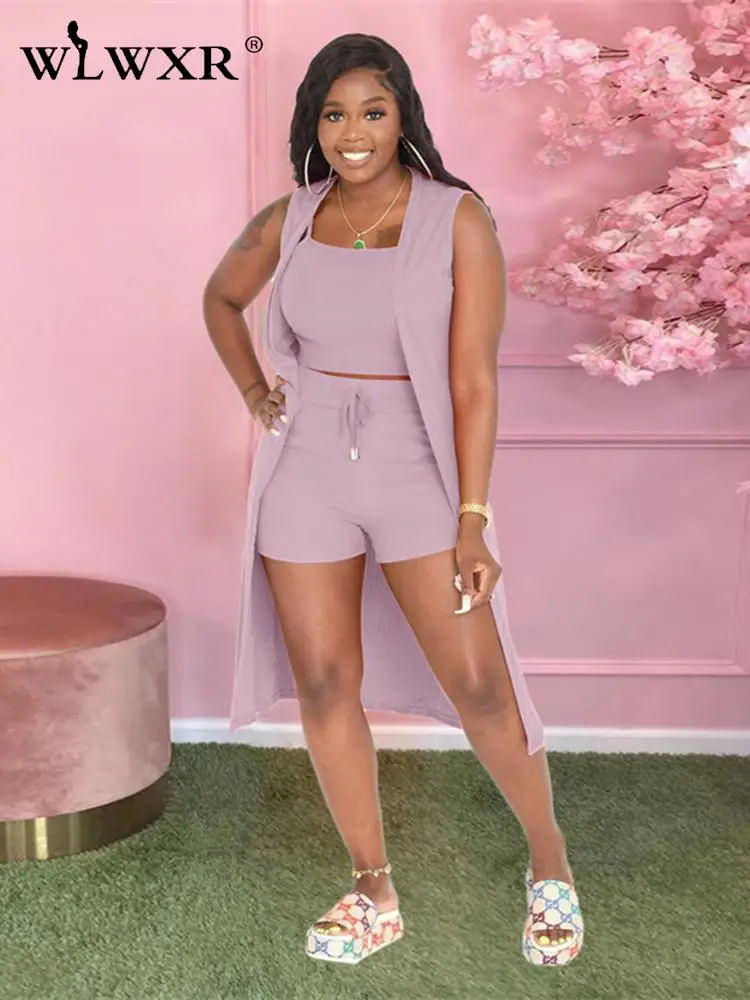 

WLWXR Summer Streetwear 3 Three Piece Set Outfits Women Sleeveless Bodycon Top Skinny Shorts Suit Blue Orange Matching Sets 2022