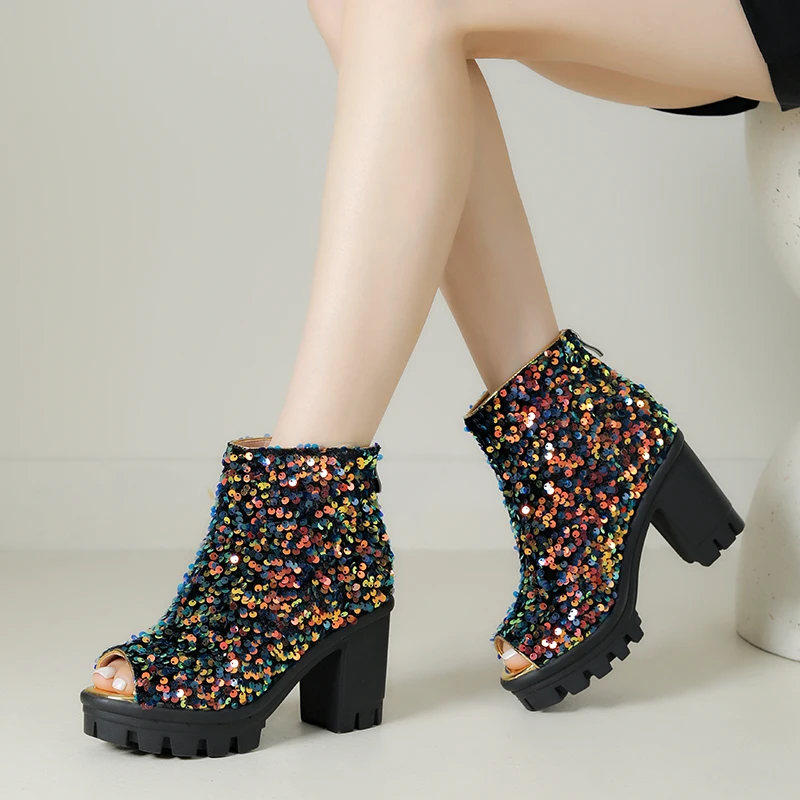 Luxury Ankle Boots for Women Peep Toe Glitter Sequined High Heels Short Booties Platform Dance Party Shoes Lady Large Size 42 43