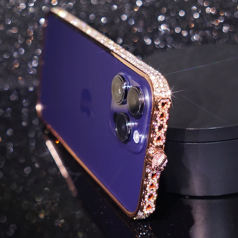 Bling Rhinestone Bumper Case Iphone 16 15 Pro Max 15 Plus Luxury Glitter Diamond Love Heart Metal Inlay Frame Cover Funda