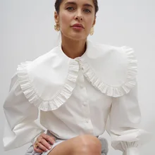 

2022 Spring Fall French Slim Doll Collar White Cotton Shirts Women Single-Breasted Fungus Edge Long-Sleeved Shirt