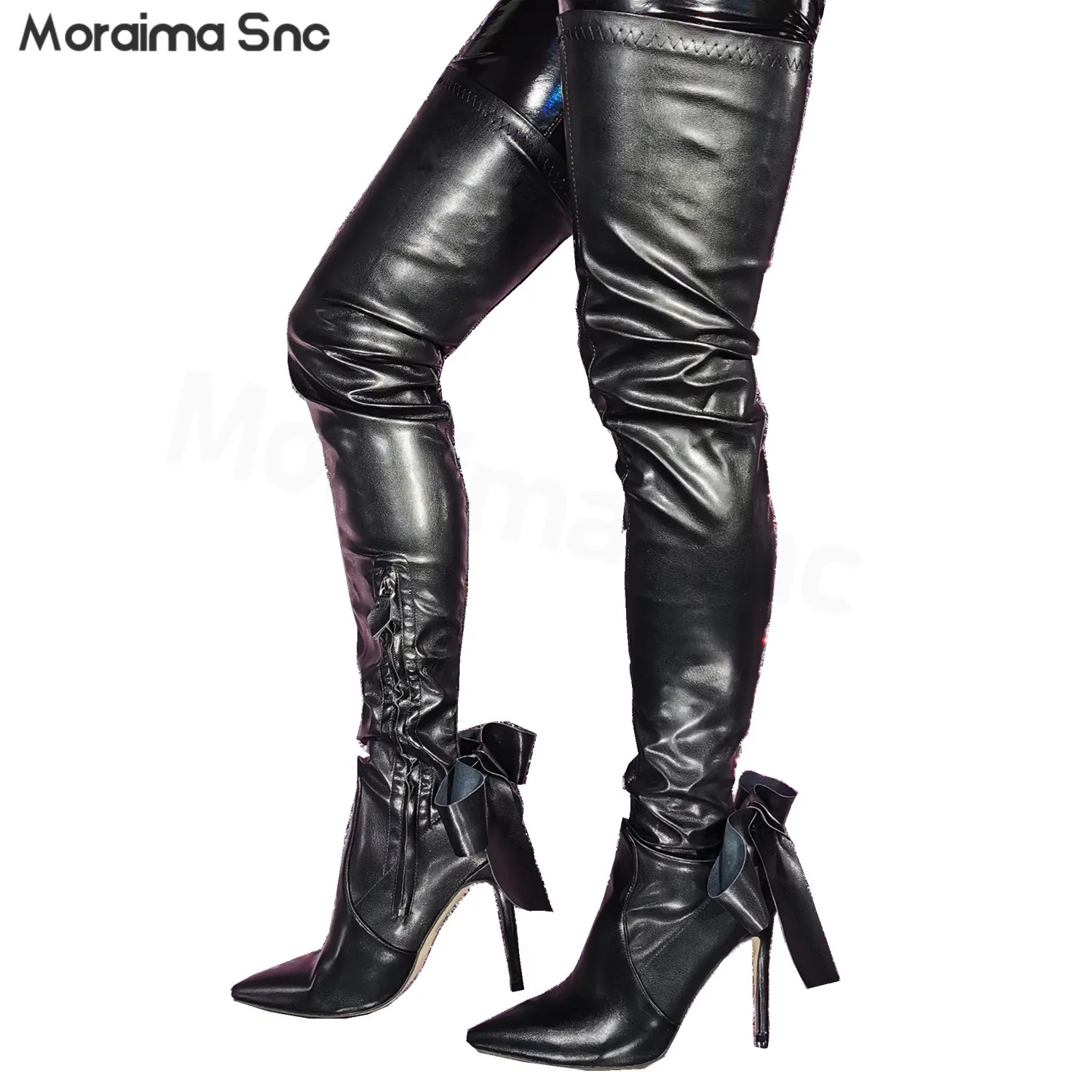 

Black Butterfly Shoes Lace-Up Boots Pointed Toe Stiletto Large Size Sexy Stitching Boots Fashion Banquet Elegant Thigh Boots