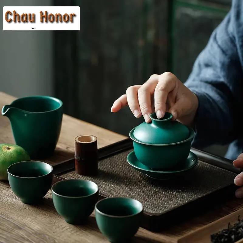 135ml Japanese Turquoise Coarse Gaiwan Vintage Tea Tureen Tea Bowl with Lid Kit Tea Maker Cover Bowl Drinkware Accessories Gift