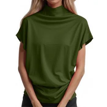 Ladies' New Trendy Fashion Solid Color Soft Turtleneck Top High End Basic Daily Commute Thin Short Sleeve Pleated Clothing 1