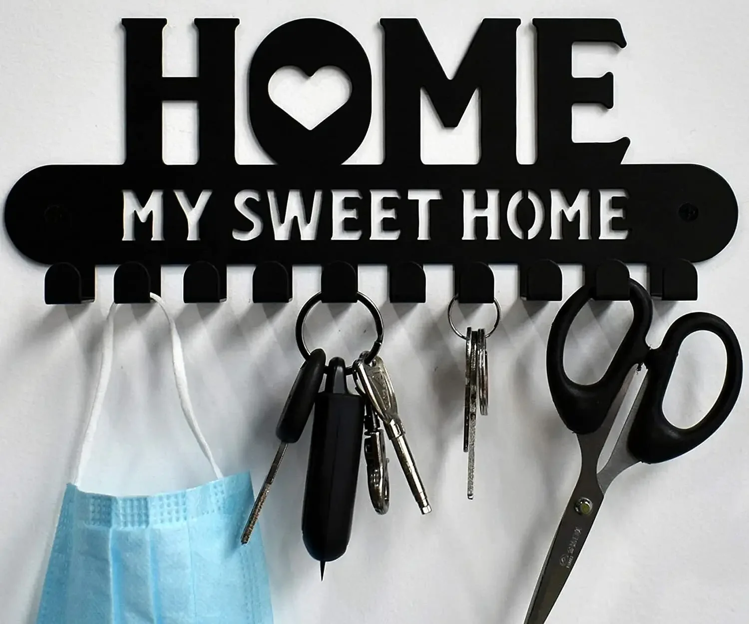CIFBUY Black Metal Key Holder Hooks Sweet Home Wall Hanger Decor for Front Door Kitchen Garage Ready to Hang, 10 Hook Racks
