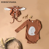 Adorable Baby Sika Deer Romper Hat 2pcs Sets Brown Infant Boy Girl Bodysuit Cap Clothing Outfits Long Sleeve Autumn Spring 1