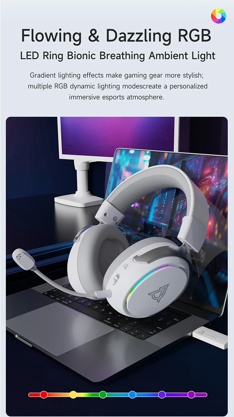 AJAZZ AHM10 MAX Tri-Mode Kabelloses Gaming-Headset, 7.1 Surround Sound, 143 Stunden Akkulaufzeit, RGB-Beleuchtung, Komfortable Ohrpolster für PC – Detail 12