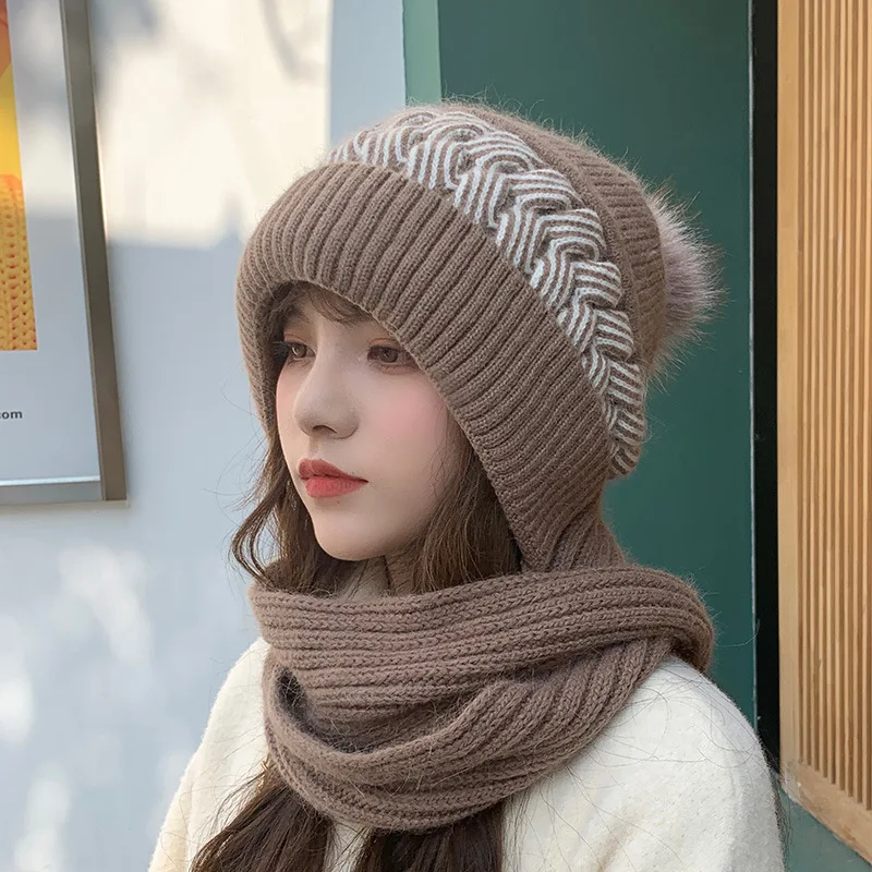 

Hat Scarf Integrated Women's Winter Korean Warm Ear Protection Rabbit Fur Knitted Season All-Match