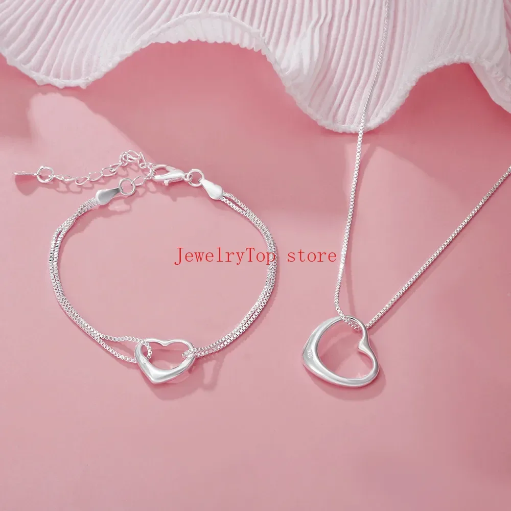 Silver jewelry set 925 Sterling silver heart bracelets necklaces for women