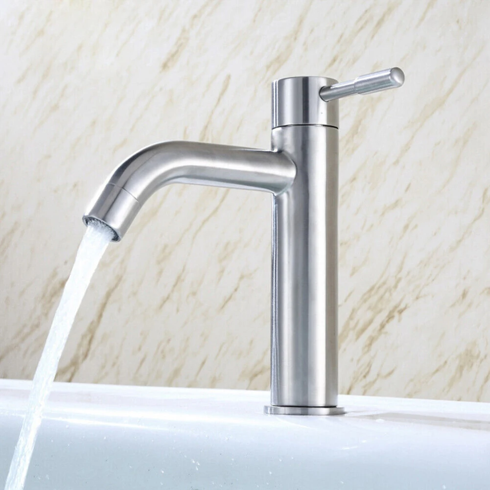 Description Picture 2 of itemStainless Steel Silver Unique Cold Sink Stopcock Shower Room Counter Basin Faucet Mixer Taps Single Lever Hole Basin