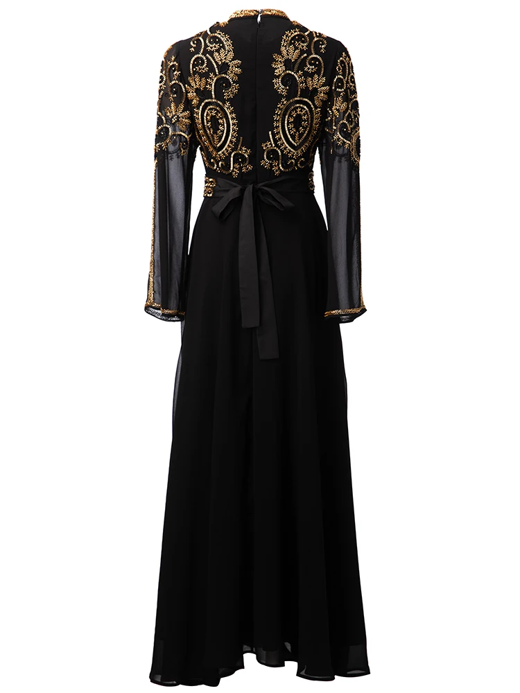 knee length dresses for ladies Angelique Beaded Crepe Maxi Dress - Black
