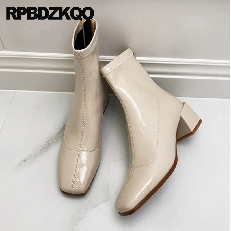 

Stretch Square Toe Chunky Retro Genuine Leather Brand Elegant Women Ankle Boots Medium Heel Patent Shoes Block Autumn Zip Up New