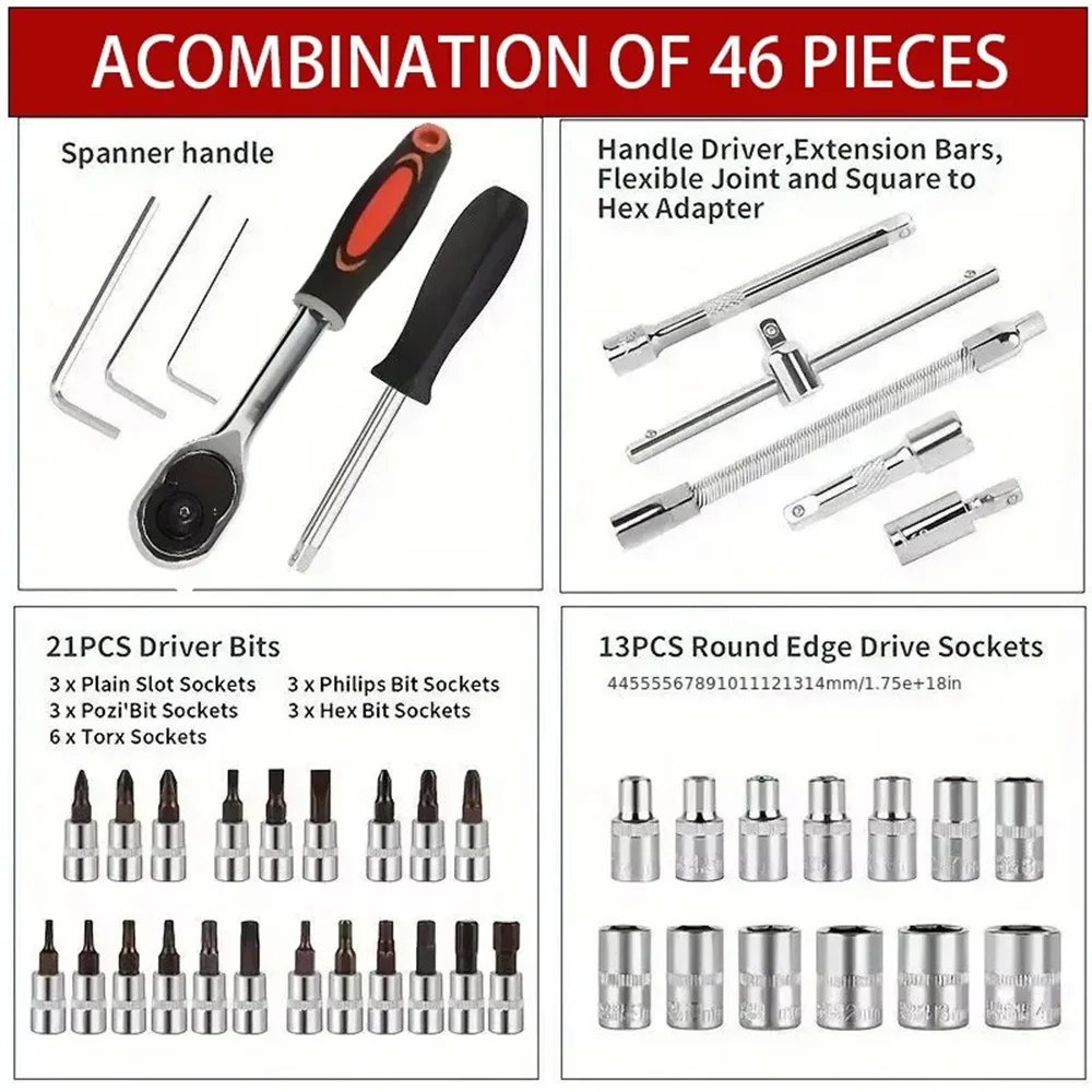 Socket set 46pcs 1/4 inch drive for auto motorcycle repair